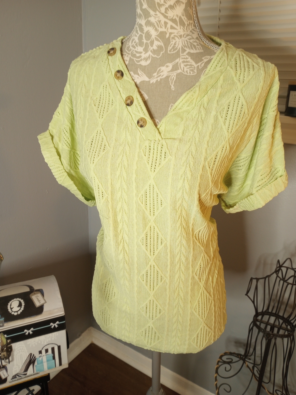 Light Green Knit V-Neck Button Accent Women's Top